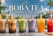 Colorful boba tea drinks with tapioca pearls in Boca Raton, Florida